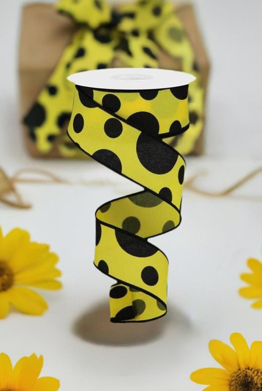 1.5" Giant Three Size Polka Dot Ribbon: Yellow & Black (10 Yards)