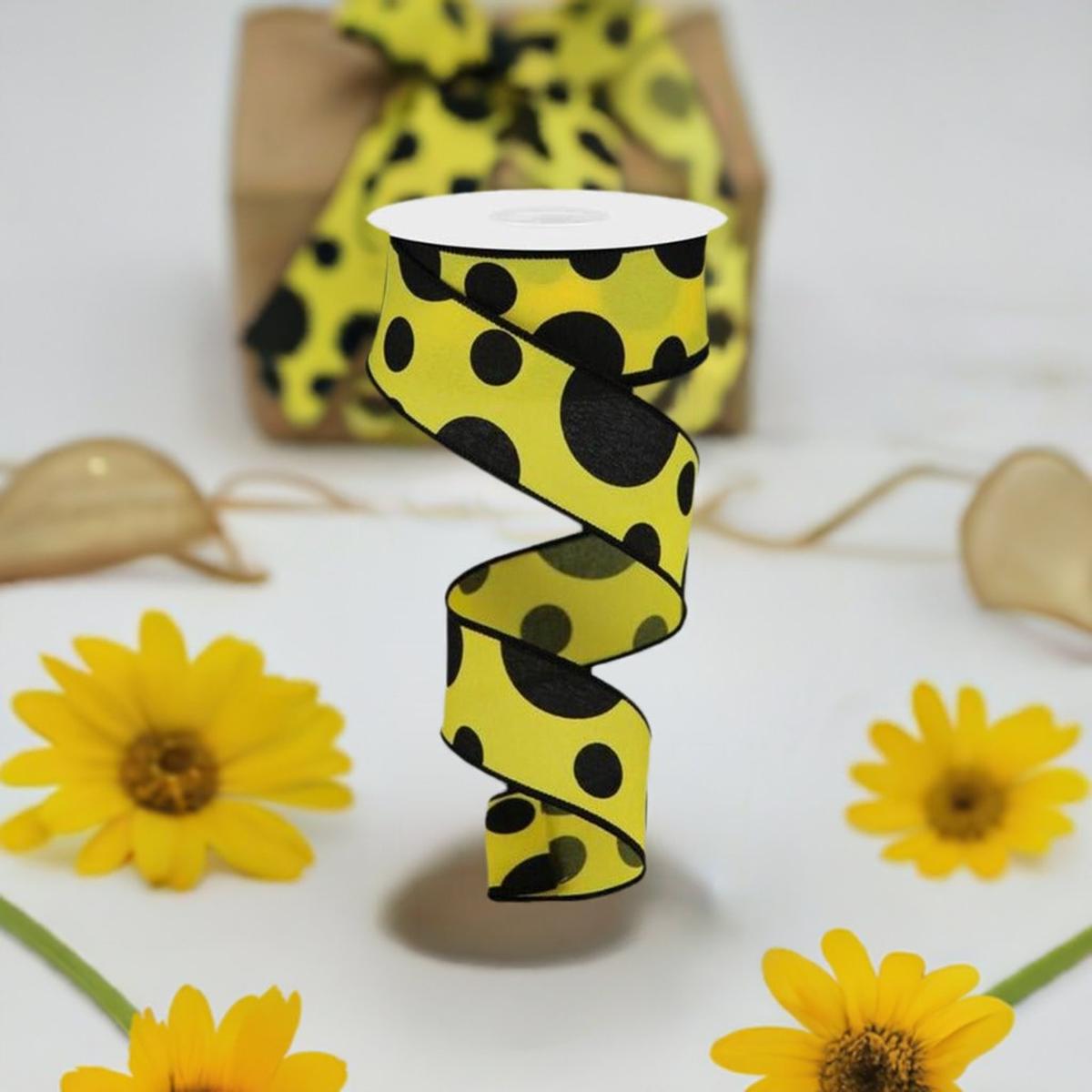 Shop For 1.5" Giant Three Size Polka Dot Ribbon: Yellow & Black (10 Yards) at Michelle's aDOORable Creations