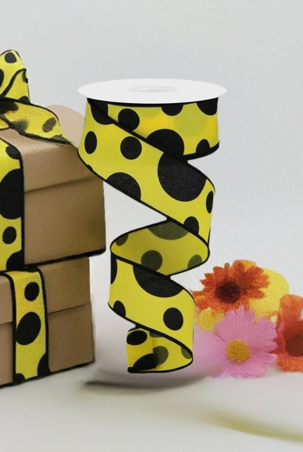 1.5" Giant Three Size Polka Dot Ribbon: Yellow & Black (10 Yards)