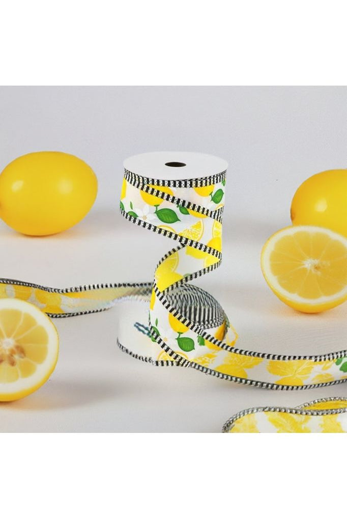 1.5" Lemon Thin Stripes Ribbon: White (10 Yards) - Michelle's aDOORable Creations - Wired Edge Ribbon