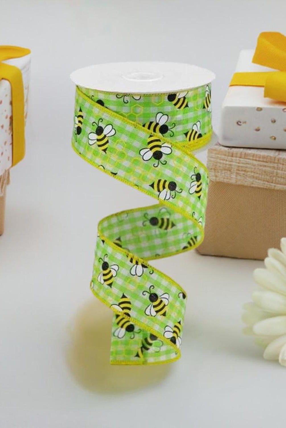 Shop For 1.5" Mini Bumblebees on Check Ribbon: Lime Green (10 Yards) at Michelle's aDOORable Creations