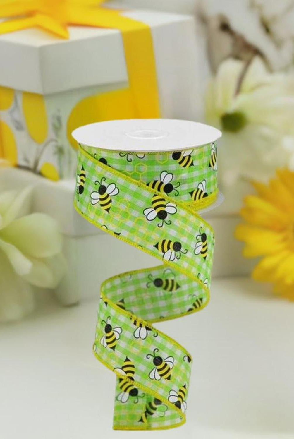Shop For 1.5" Mini Bumblebees on Check Ribbon: Lime Green (10 Yards) at Michelle's aDOORable Creations
