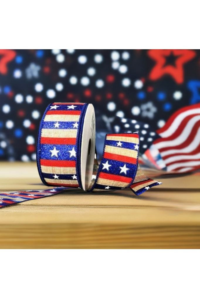 1.5" Navy Glitter Stripes With Stars Ribbon: Natural (10 Yards) - Michelle's aDOORable Creations - Wired Edge Ribbon