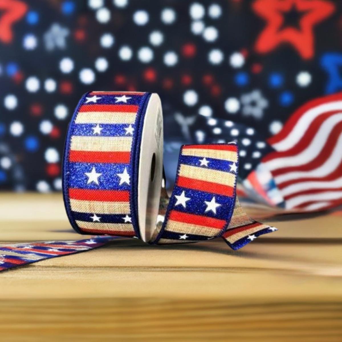 Shop For 1.5" Navy Glitter Stripes With Stars Ribbon: Natural (10 Yards) at Michelle's aDOORable Creations
