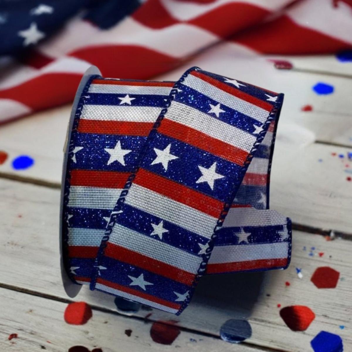 Shop For 1.5" Navy Glitter Stripes With Stars Ribbon: White (10 Yards) at Michelle's aDOORable Creations