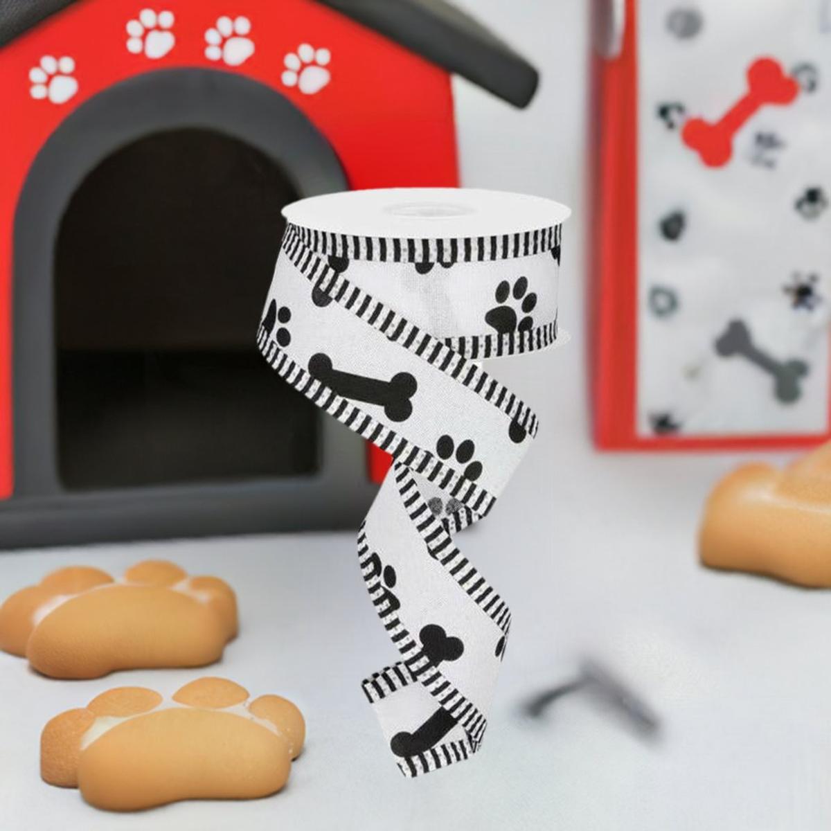 Shop For 1.5" Paw Print Thin Stripe Ribbon: White & Black (10 Yards) at Michelle's aDOORable Creations