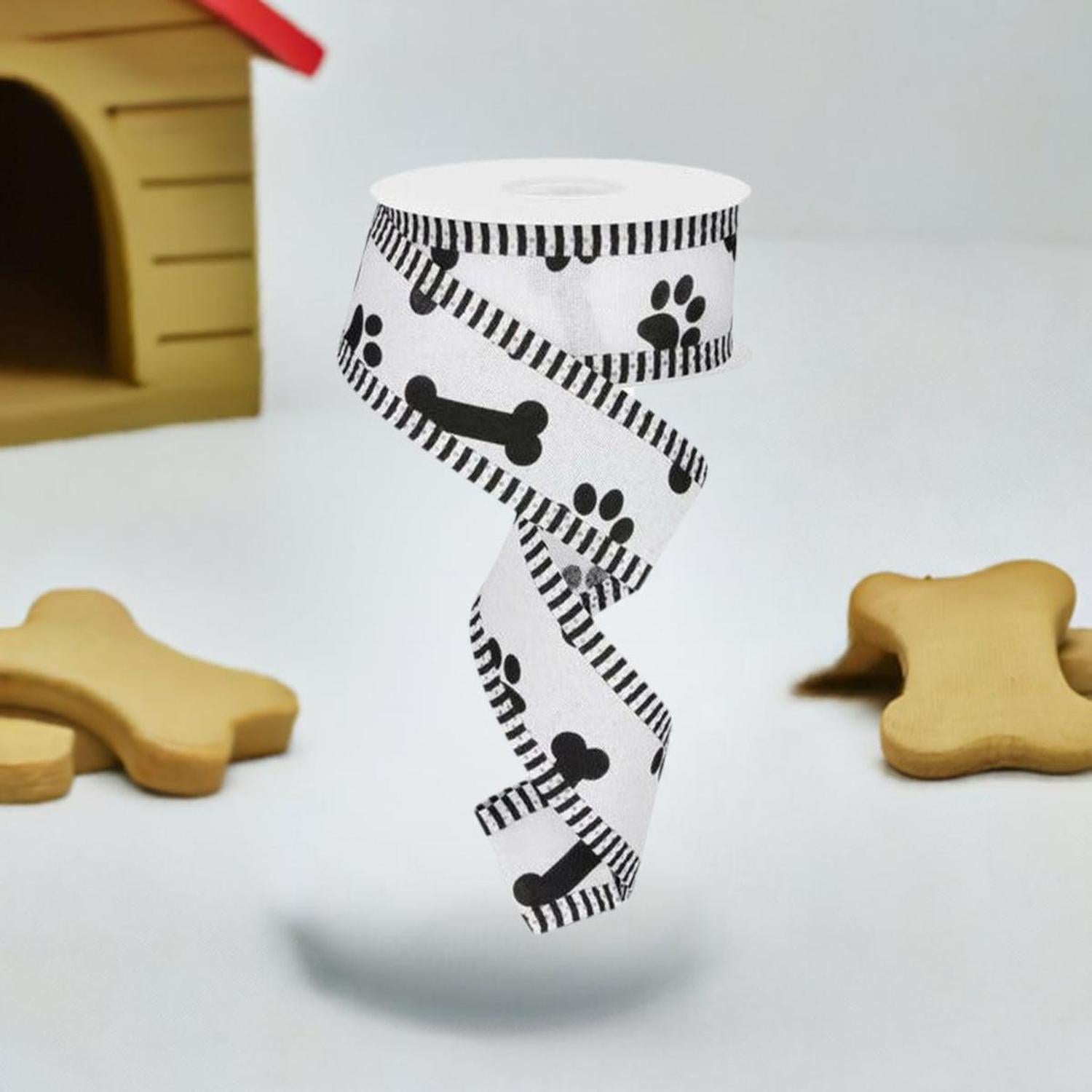 Shop For 1.5" Paw Print Thin Stripe Ribbon: White & Black (10 Yards) at Michelle's aDOORable Creations