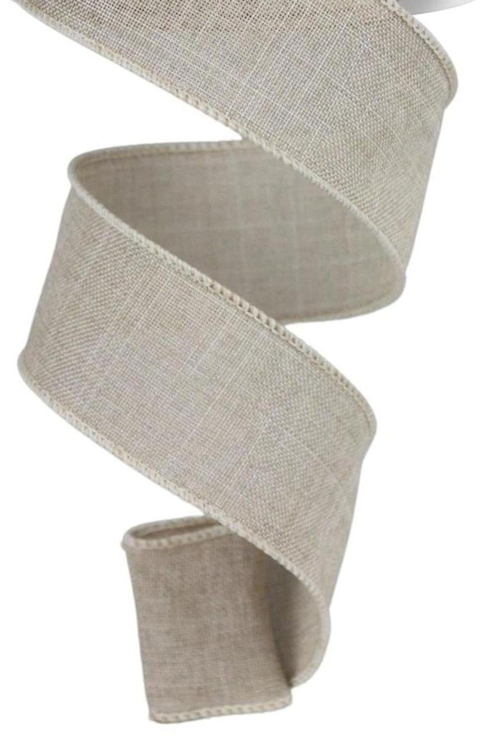1.5-inch wide buff-colored royal burlap ribbon with a wired edge, coiled against a white background.