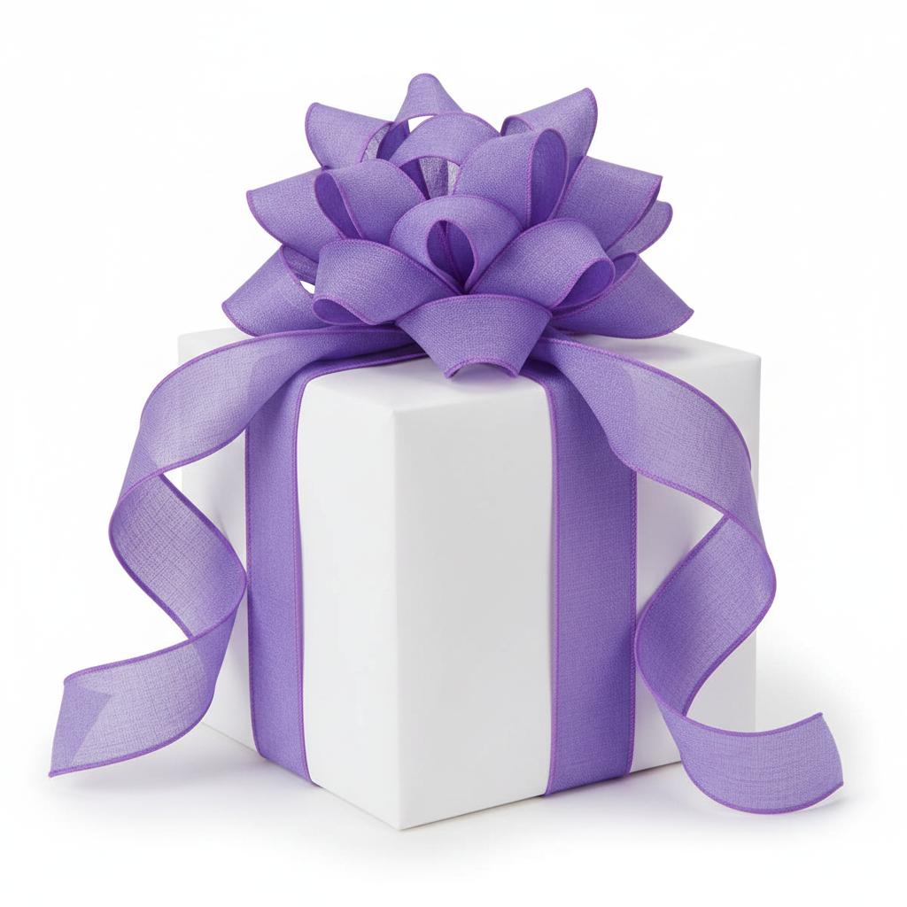 1.5-inch lavender royal canvas ribbon with a wired edge tied in a decorative bow on a white gift box.