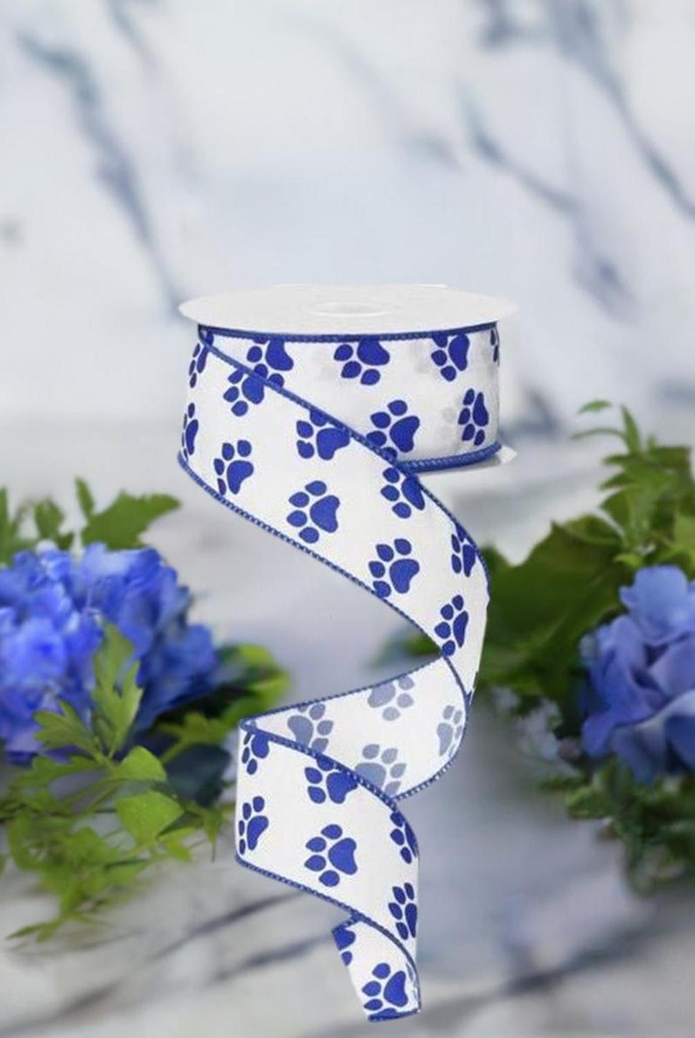 Shop For 1.5" Satin Paw Print Ribbon: Blue & White (10 Yards) at Michelle's aDOORable Creations