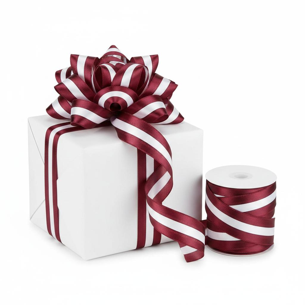1.5-inch maroon and white striped satin wired ribbon on a spool and tied as a decorative bow on a white gift box.