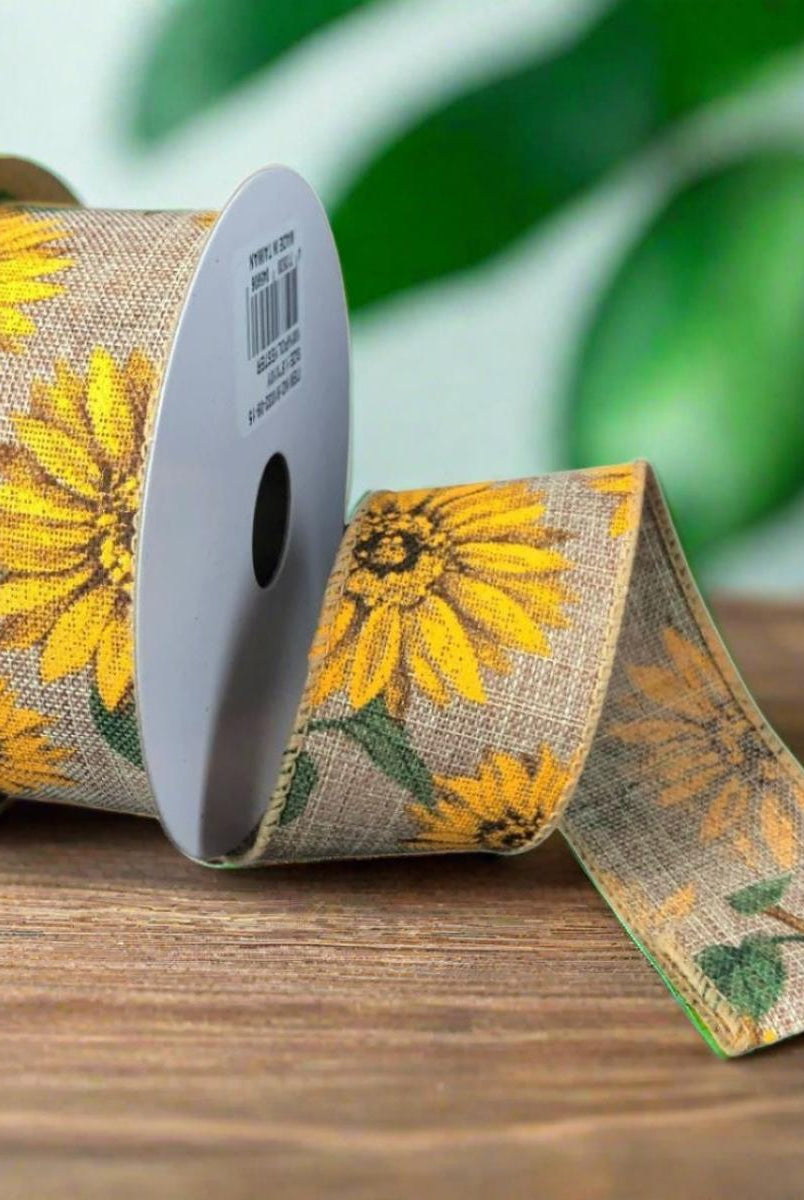 Shop For 1.5" Sunflowers Linen Ribbon: Light Natural (10 Yards) at Michelle's aDOORable Creations
