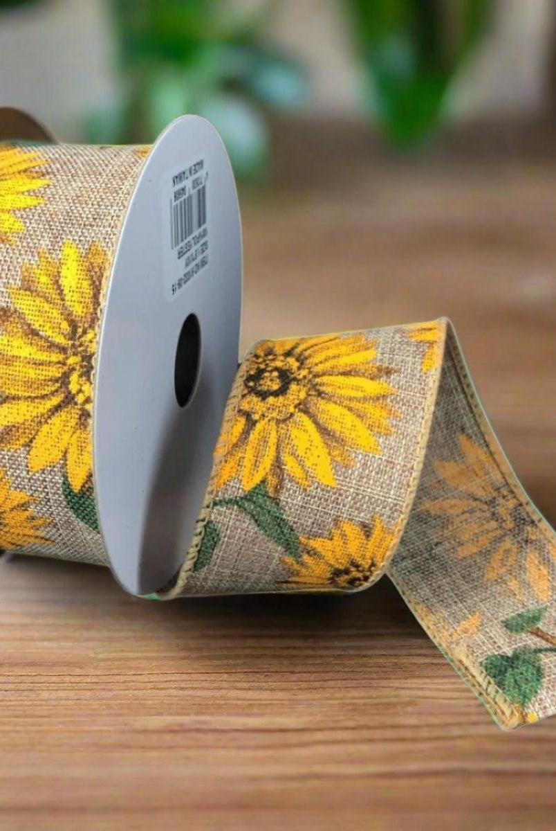 Shop For 1.5" Sunflowers Linen Ribbon: Light Natural (10 Yards) at Michelle's aDOORable Creations