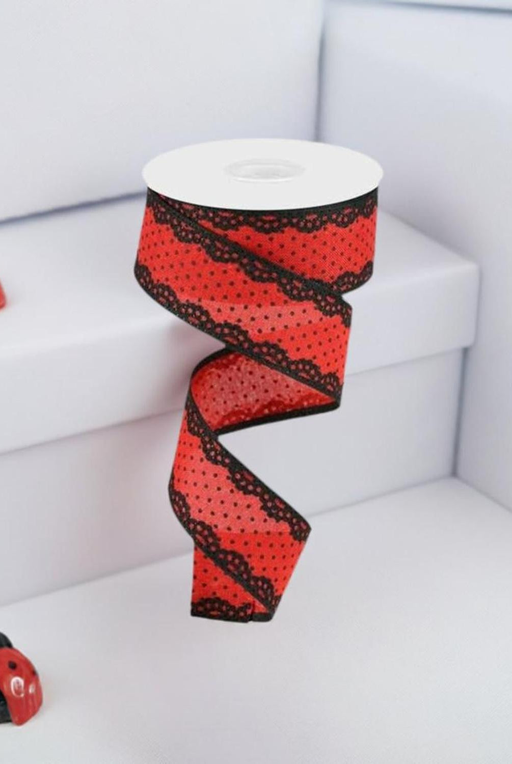 1.5" Swiss Dots Lace Edge Ribbon: Red (10 Yards)