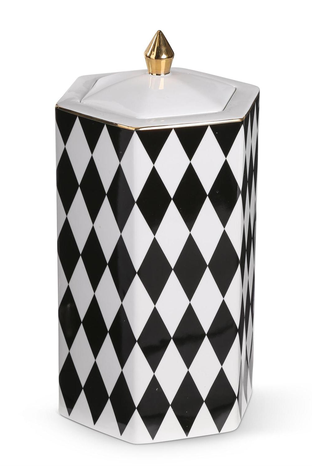 11-inch porcelain lidded canister with a black and white harlequin diamond pattern and gold finial accent.