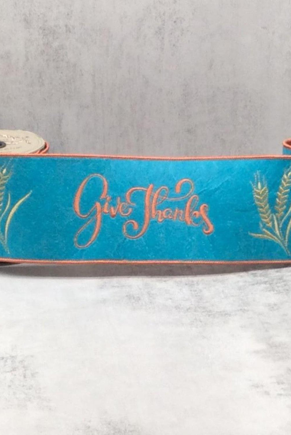 4" Embroidery Give Thanks Felt Ribbon: Teal (5 Yards)