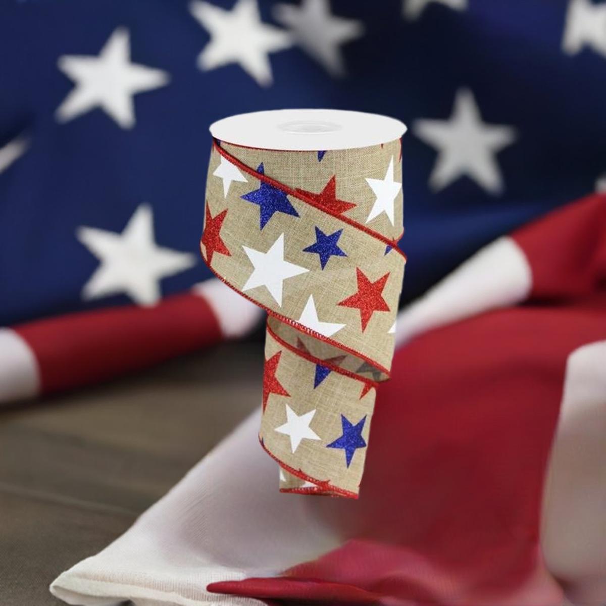 Shop For 2.5" Beige Royal Canvas Ribbon: Patriotic Stars (10 Yards) at Michelle's aDOORable Creations