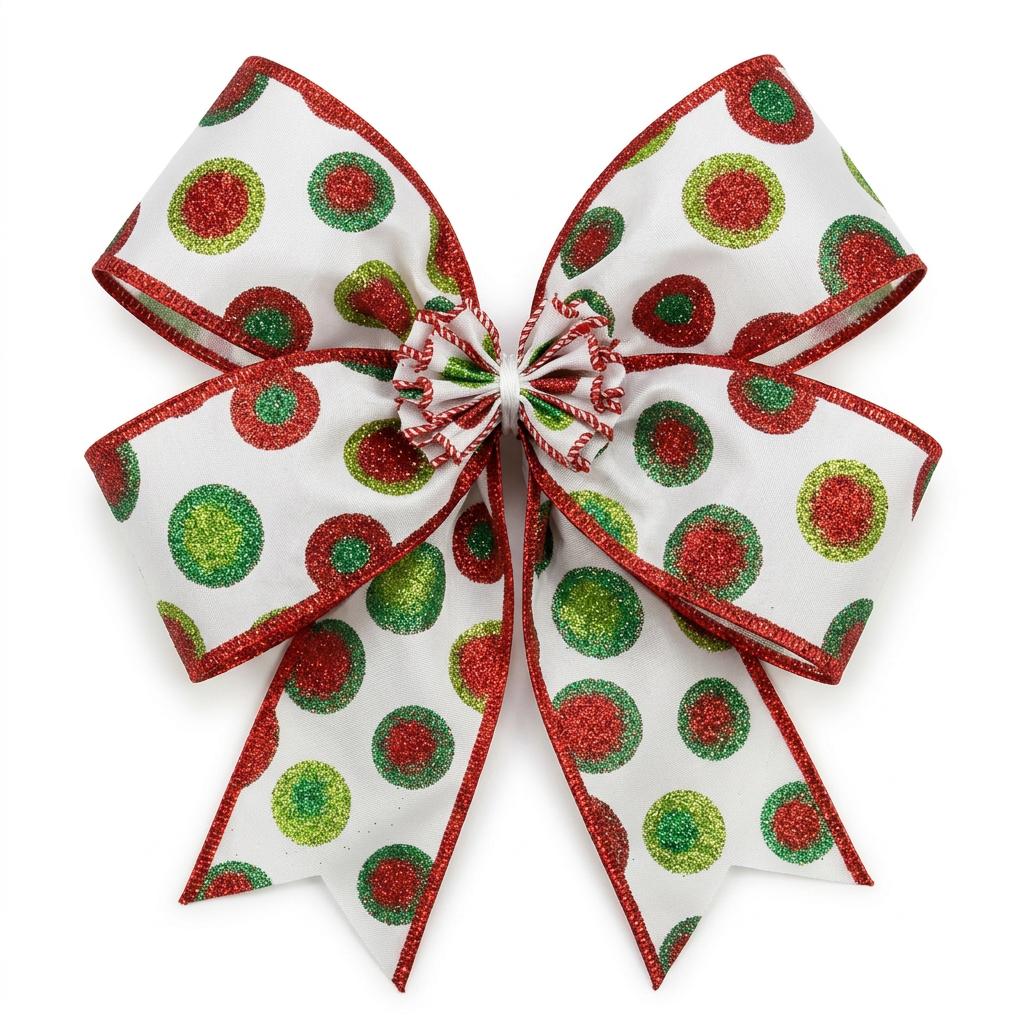Decorative bow made from white ribbon with red and green glitter bullseyes