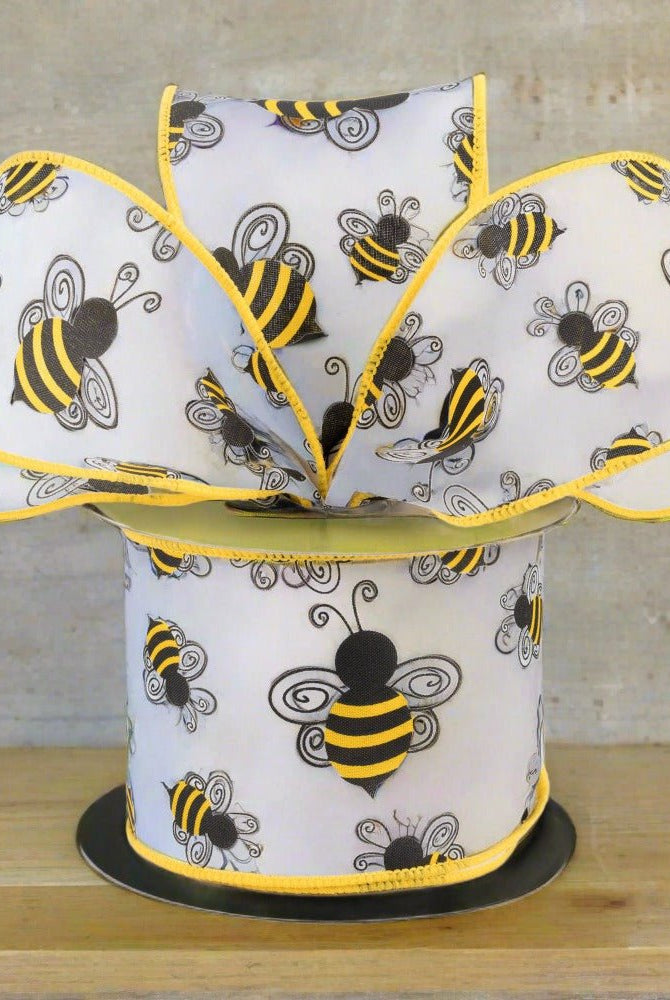 Shop For 2.5" Bumble Bee Ribbon: White Satin (10 Yards) at Michelle's aDOORable Creations