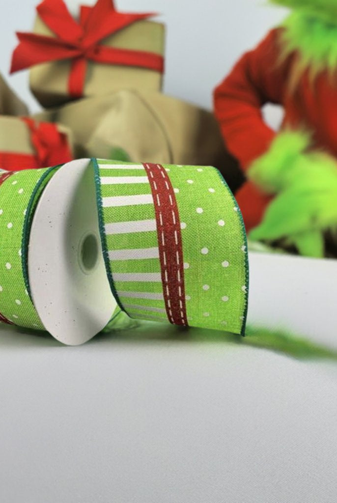 Shop For 2.5" Dots and Stripes Whimsy Ribbon: Red, Green & White (10 Yards) at Michelle's aDOORable Creations