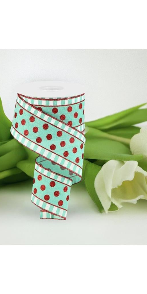 2.5" Dots & Stripes Glitter Ribbon: Mint Green (10 Yards) - Michelle's aDOORable Creations - Wired Edge Ribbon
