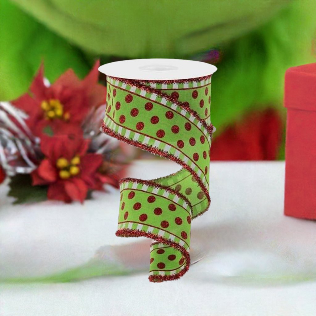 Shop For 2.5" Dots & Stripes Glitter Tinsel Edge Ribbon: Lime Green, White & Red (10 Yards) at Michelle's aDOORable Creations