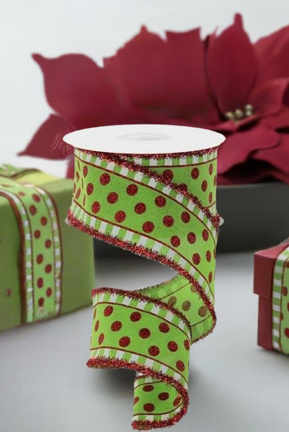 2.5" Dots & Stripes Glitter Tinsel Edge Ribbon: Lime Green, White & Red (10 Yards)