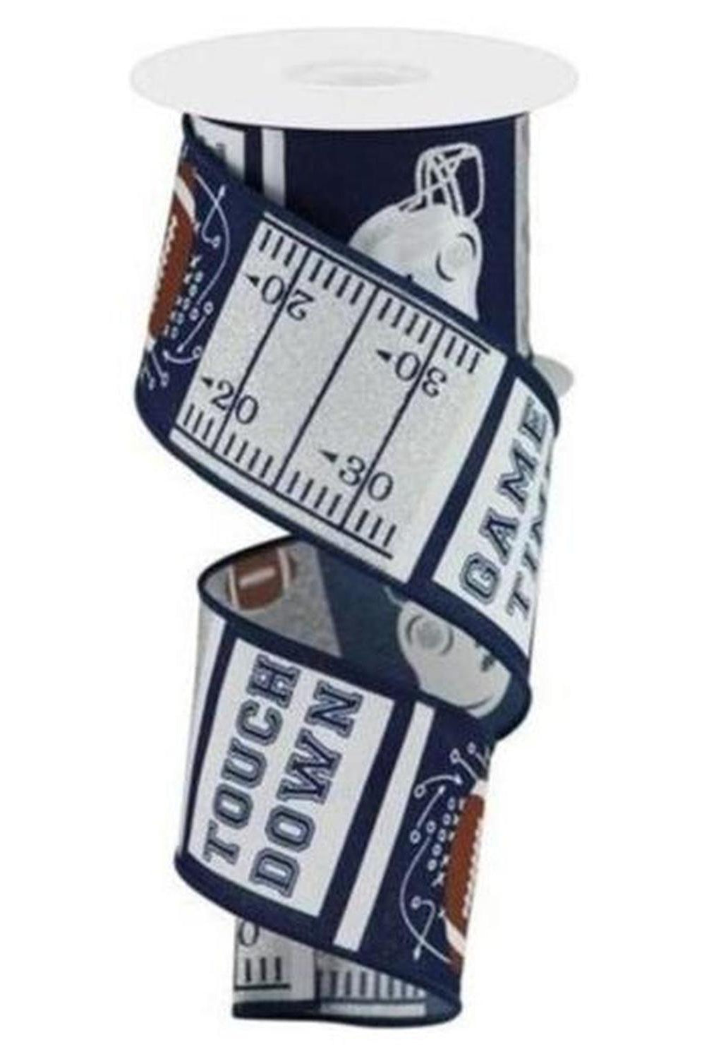 2.5" Football Block Pattern Ribbon: Navy/Silver (10 Yards)