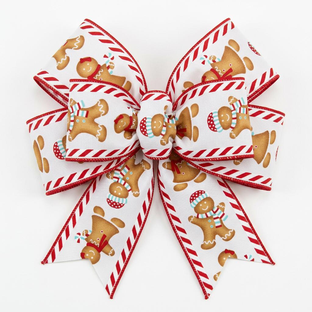 White wired edge ribbon with gingerbread men and ice blue accents