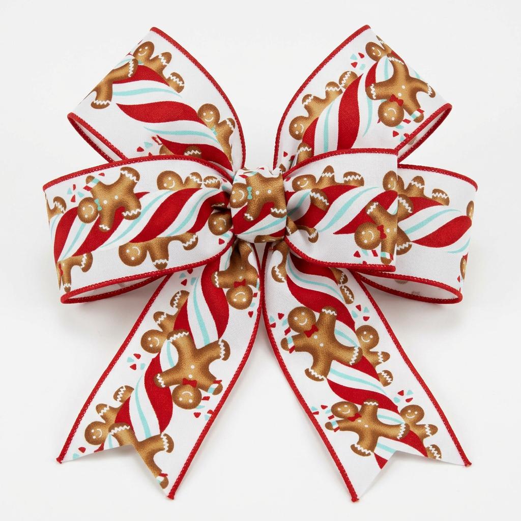 White wired edge ribbon with gingerbread men on candy canes