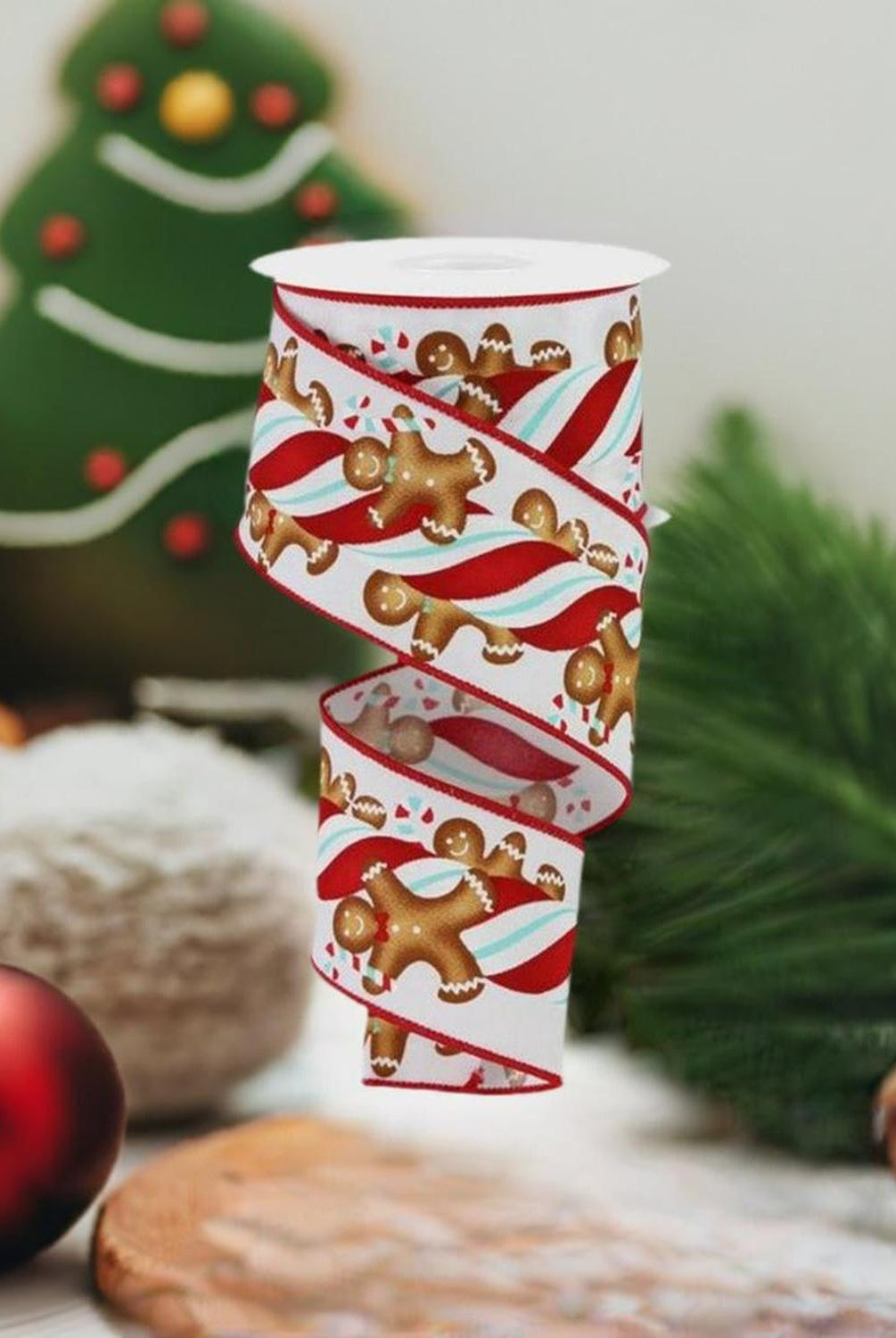 2.5" Gingerbread Kids Candy Ribbon: White/Ice Blue (10 Yards)