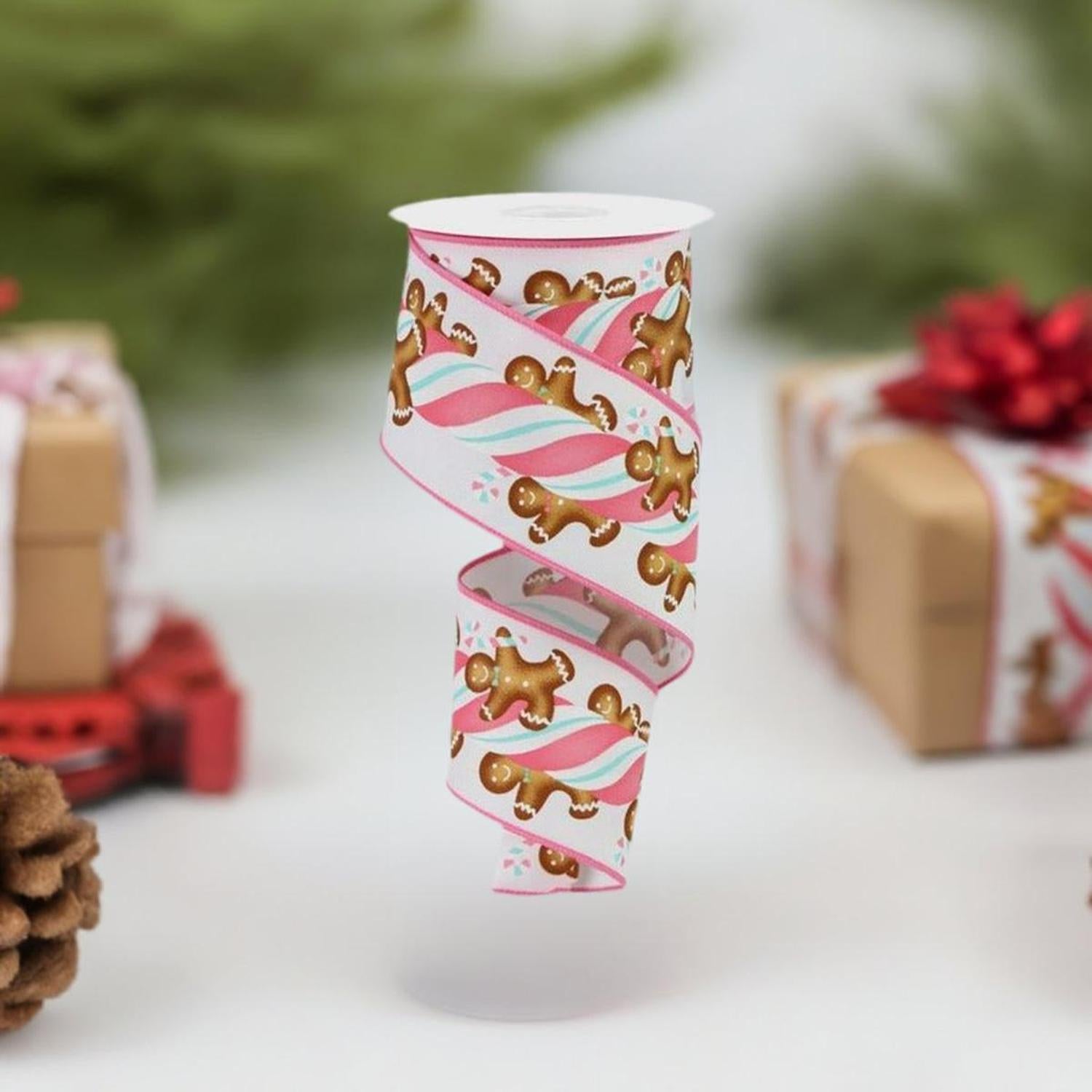 2.5" Gingerbread Kids Candy Ribbon: White/Pink (10 Yards)