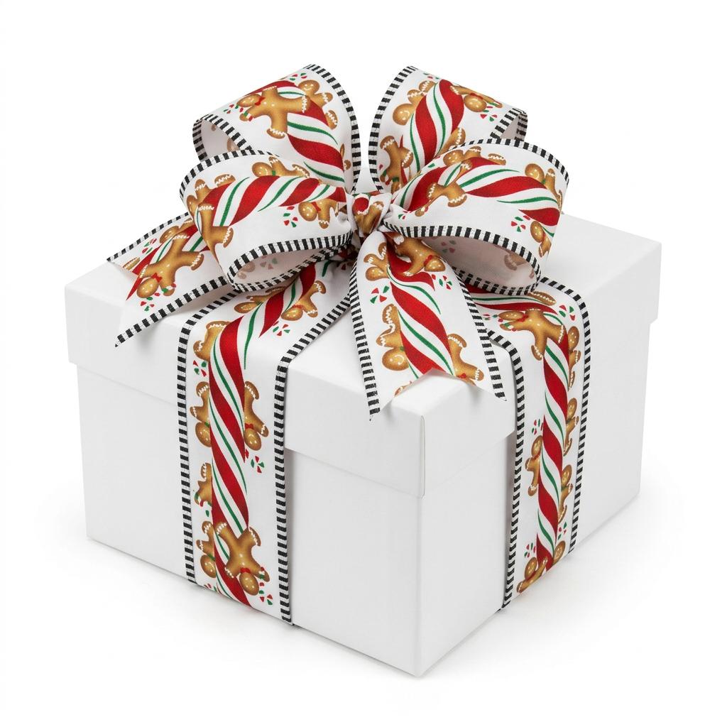 White wired ribbon with gingerbread men and peppermint sticks tied in a gift bow