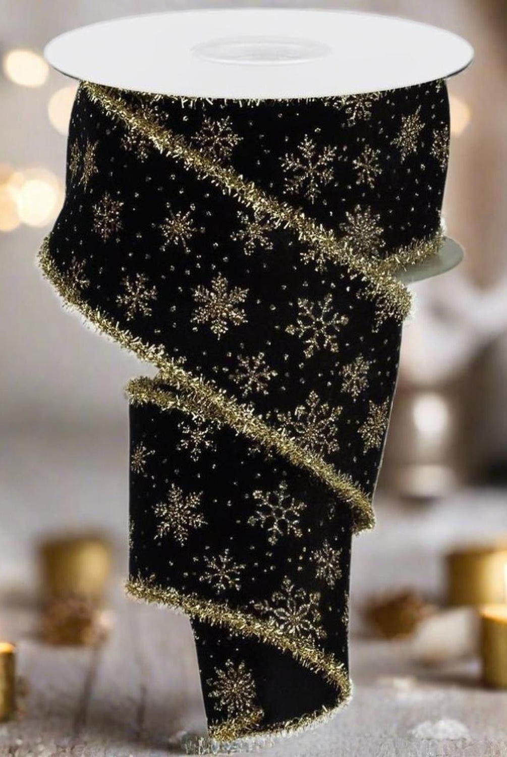 2.5" Glitter Snowflakes Tinsel Ribbon: Gold/Black (10 Yards)