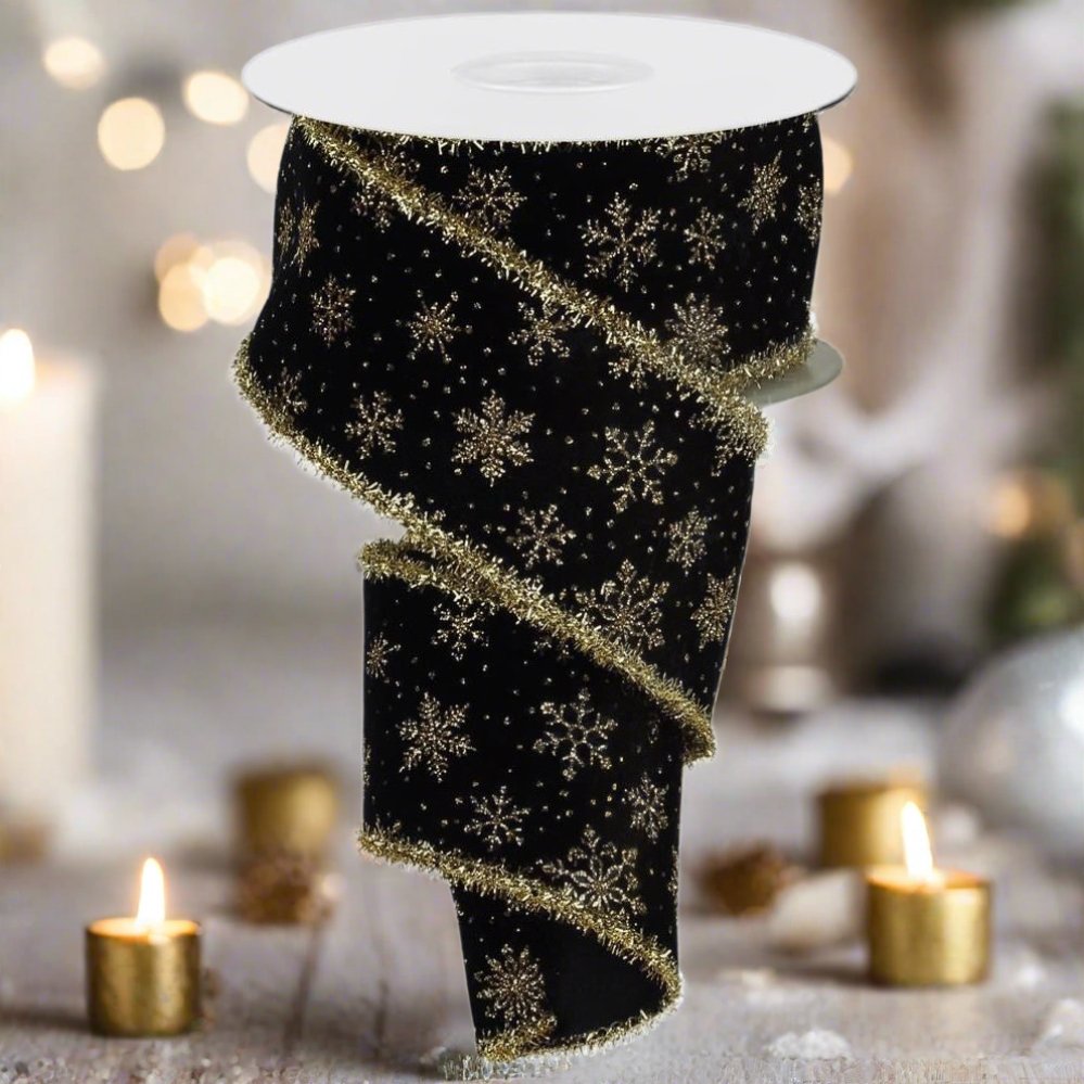 Shop For 2.5" Glitter Snowflakes Tinsel Ribbon: Gold/Black (10 Yards) at Michelle's aDOORable Creations