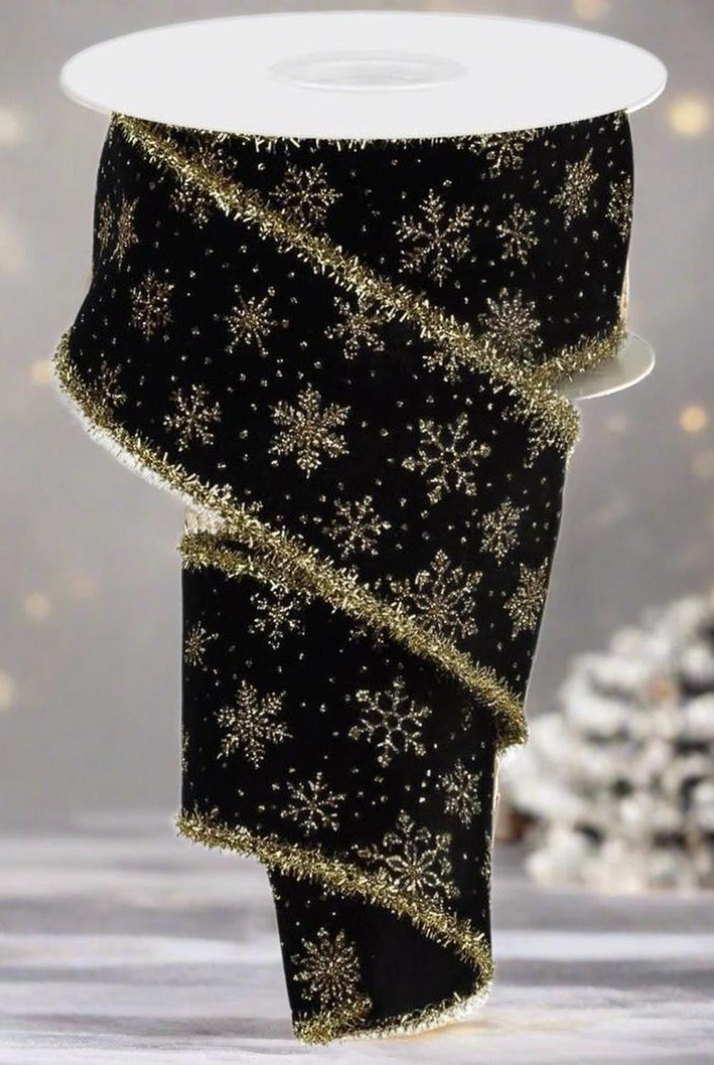 2.5" Glitter Snowflakes Tinsel Ribbon: Gold/Black (10 Yards)