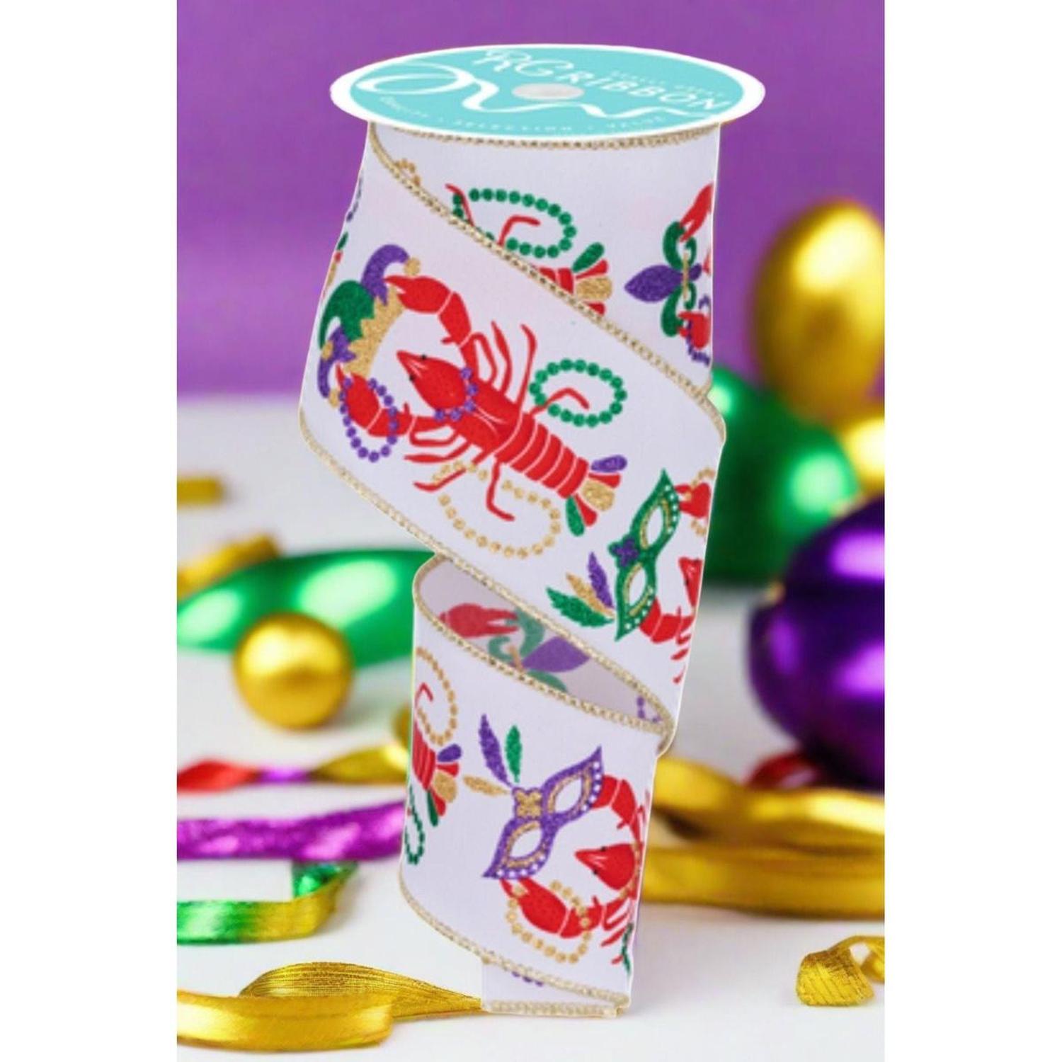 Shop For 2.5" Mardi Gras Crawfish Ribbon: White (10 Yards) at Michelle's aDOORable Creations