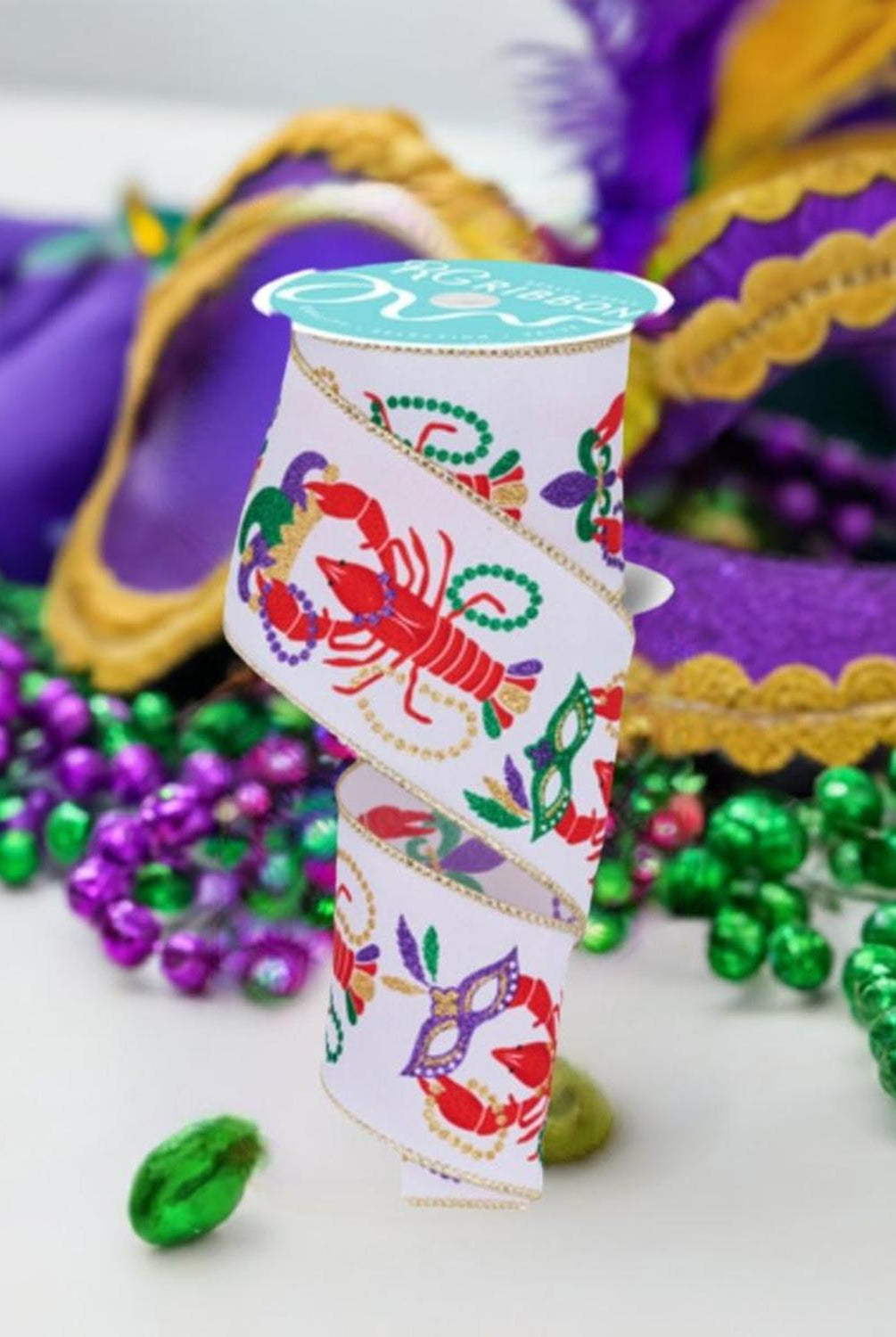 Shop For 2.5" Mardi Gras Crawfish Ribbon: White (10 Yards) at Michelle's aDOORable Creations