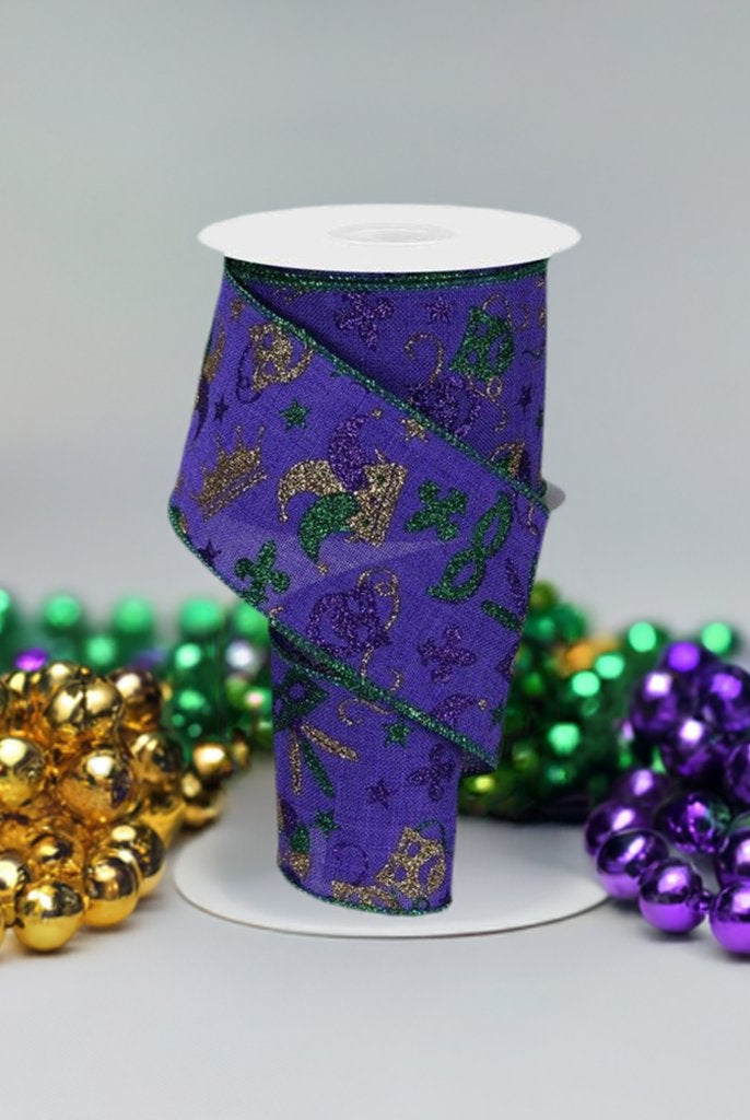 Shop For 2.5" Mardi Gras Pattern Ribbon: Purple (10 Yards) at Michelle's aDOORable Creations