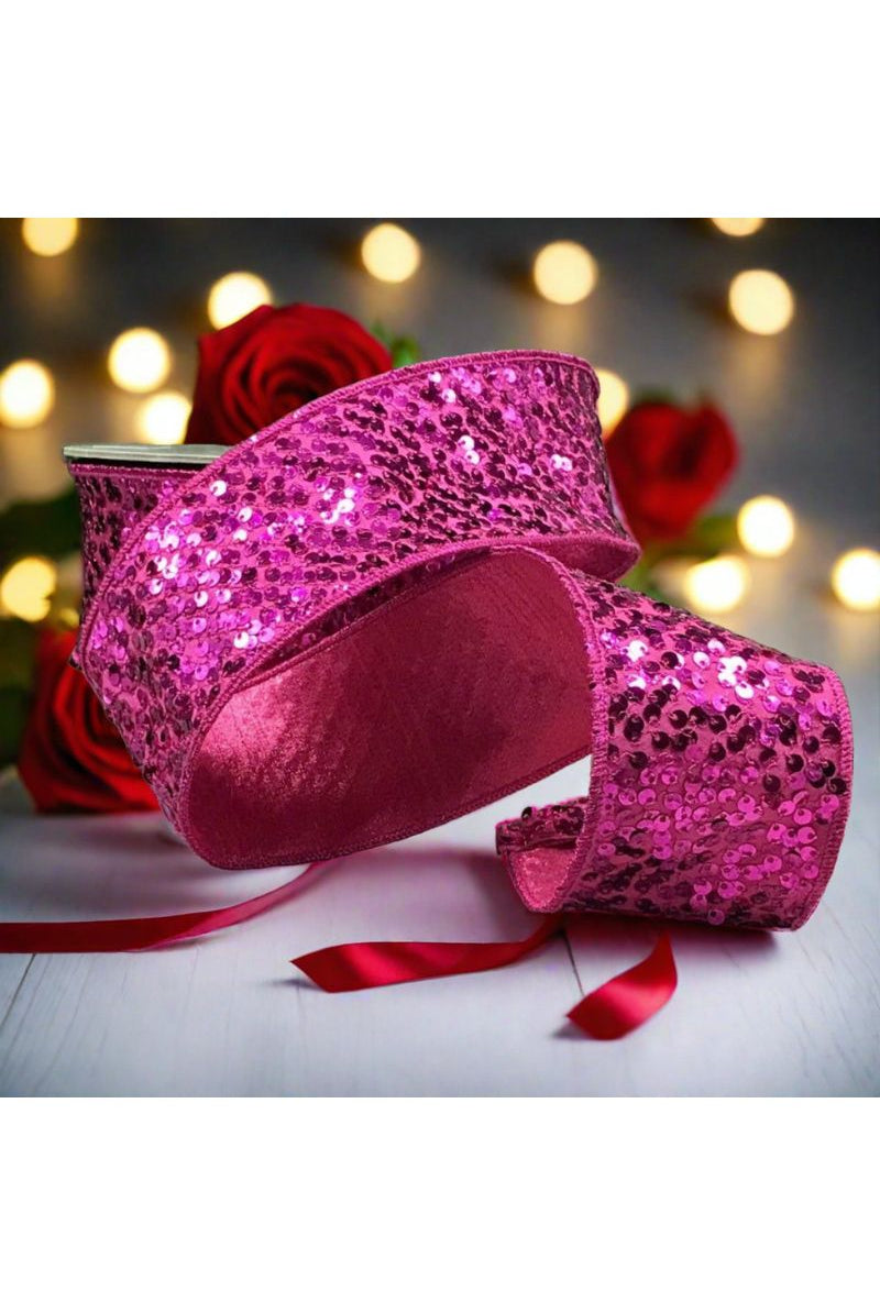 2.5" Metallic Sequin Ribbon: Hot Pink (10 Yards) - Michelle's aDOORable Creations - Wired Edge Ribbon