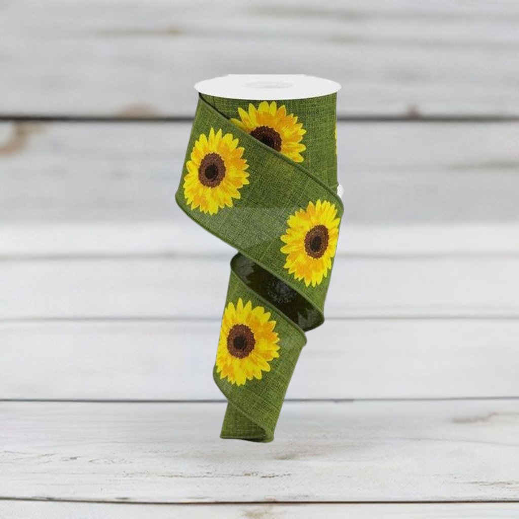 Shop For 2.5" Moss Green Sunflower Ribbon at Michelle's aDOORable Creations