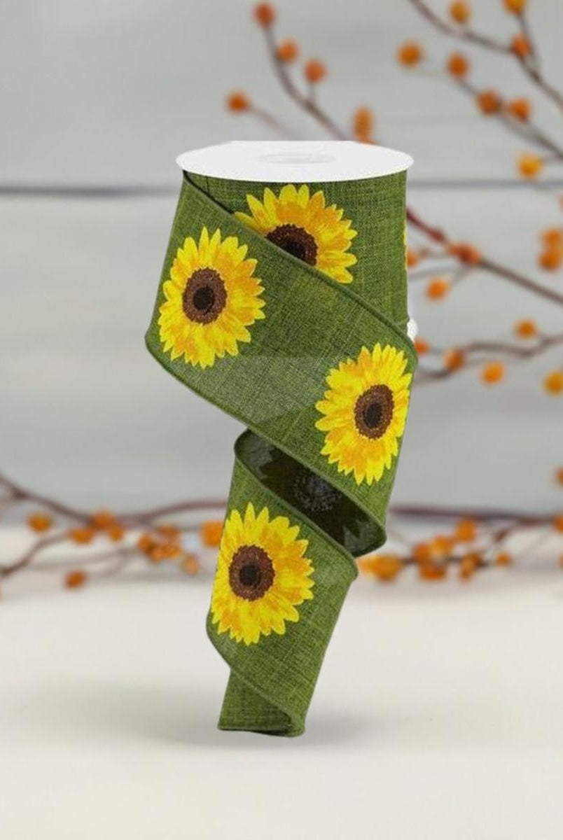 Shop For 2.5" Moss Green Sunflower Ribbon at Michelle's aDOORable Creations