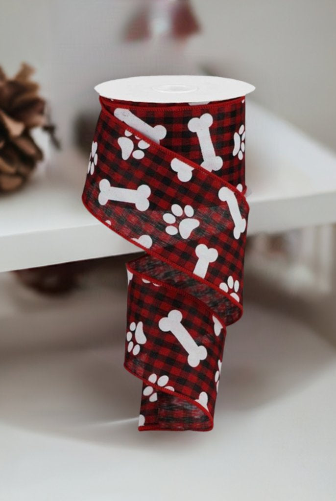 Shop For 2.5" Paw Print Bone Check Ribbon: Red/Black (10 Yards) at Michelle's aDOORable Creations