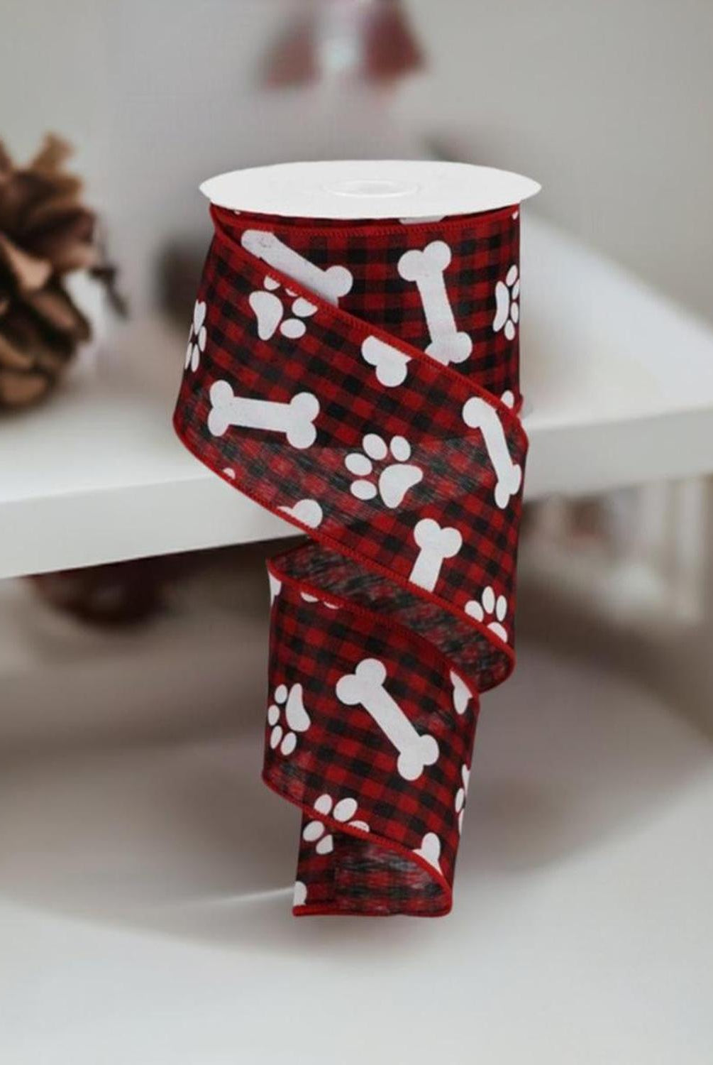 Shop For 2.5" Paw Print Bone Check Ribbon: Red/Black (10 Yards) at Michelle's aDOORable Creations
