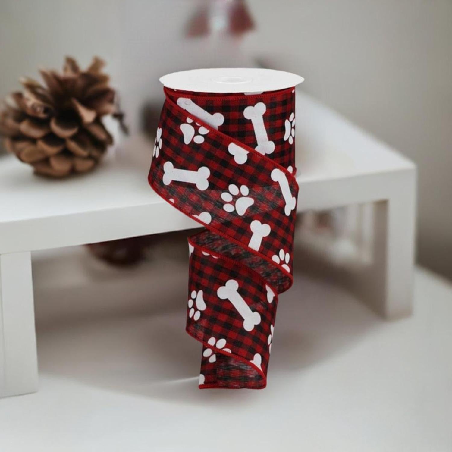 Shop For 2.5" Paw Print Bone Check Ribbon: Red/Black (10 Yards) at Michelle's aDOORable Creations