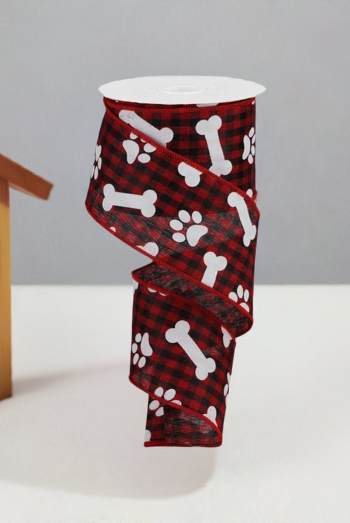 Shop For 2.5" Paw Print Bone Check Ribbon: Red/Black (10 Yards) at Michelle's aDOORable Creations