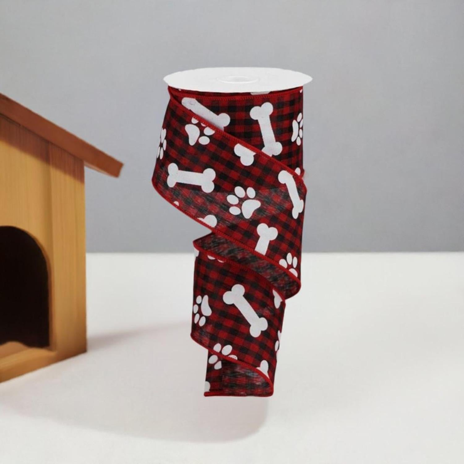 Shop For 2.5" Paw Print Bone Check Ribbon: Red/Black (10 Yards) at Michelle's aDOORable Creations