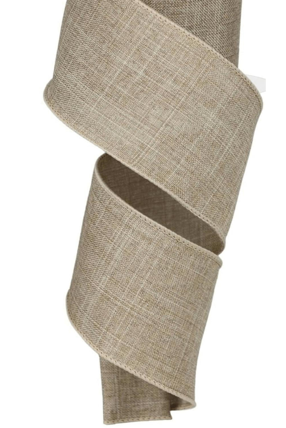 2.5-inch beige royal burlap ribbon with a wired edge for decorative crafting and floral arrangements.