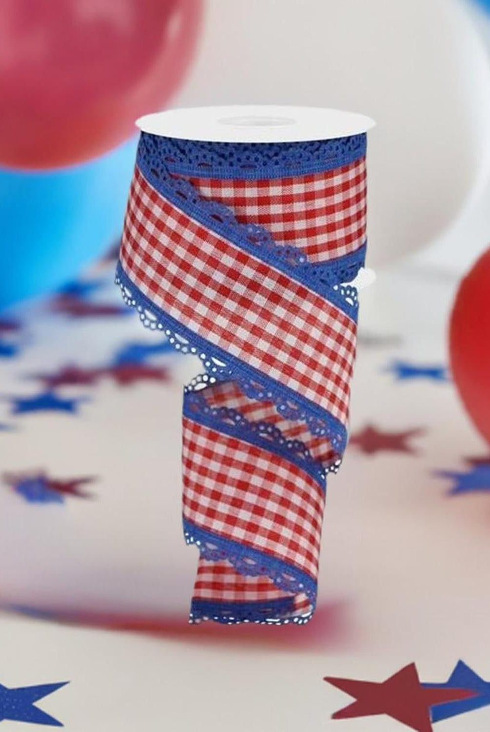 2.5" Scalloped Edge Gingham Ribbon: Red, White & Blue (10 Yard)