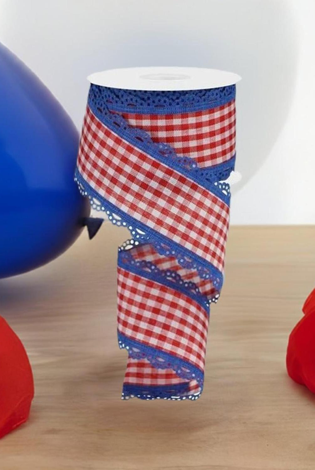 2.5" Scalloped Edge Gingham Ribbon: Red, White & Blue (10 Yard)